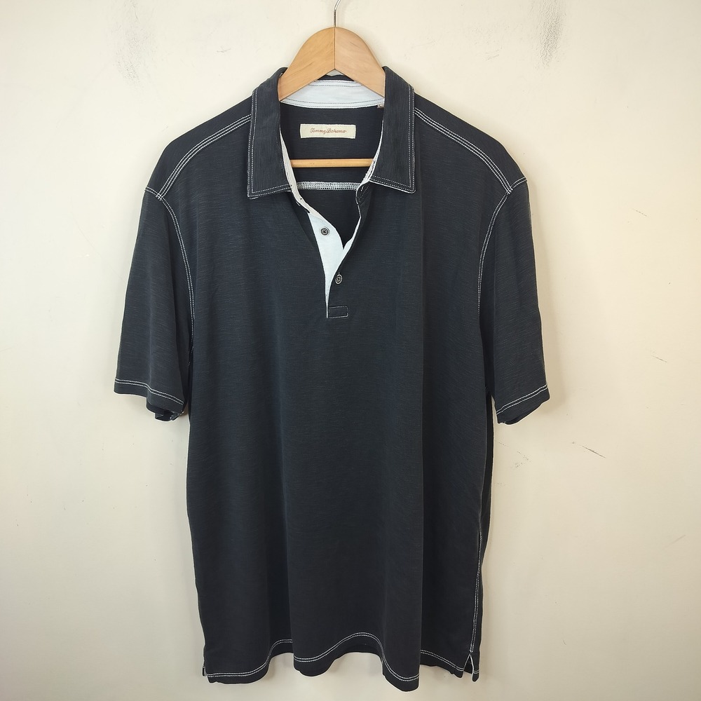 Tommy Bahama Polo Shirt Mens XXL Modal Polyester Black Contrast Stitch Casual